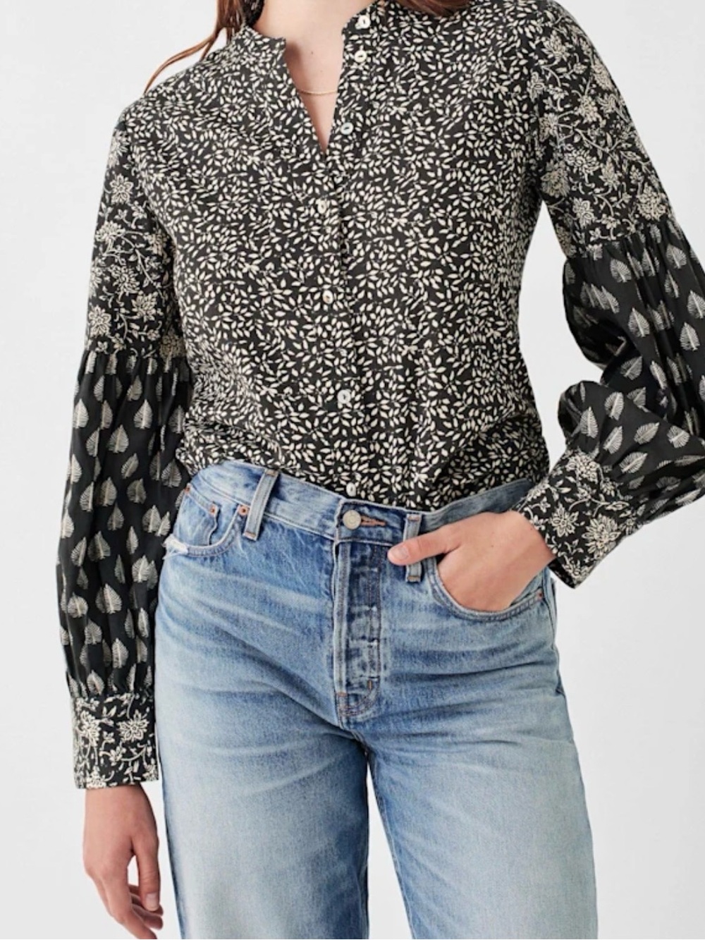 Faherty Adalyn Mix Batik Leaf Organic Cotton Button-Up Long Sleeve Shirt Large